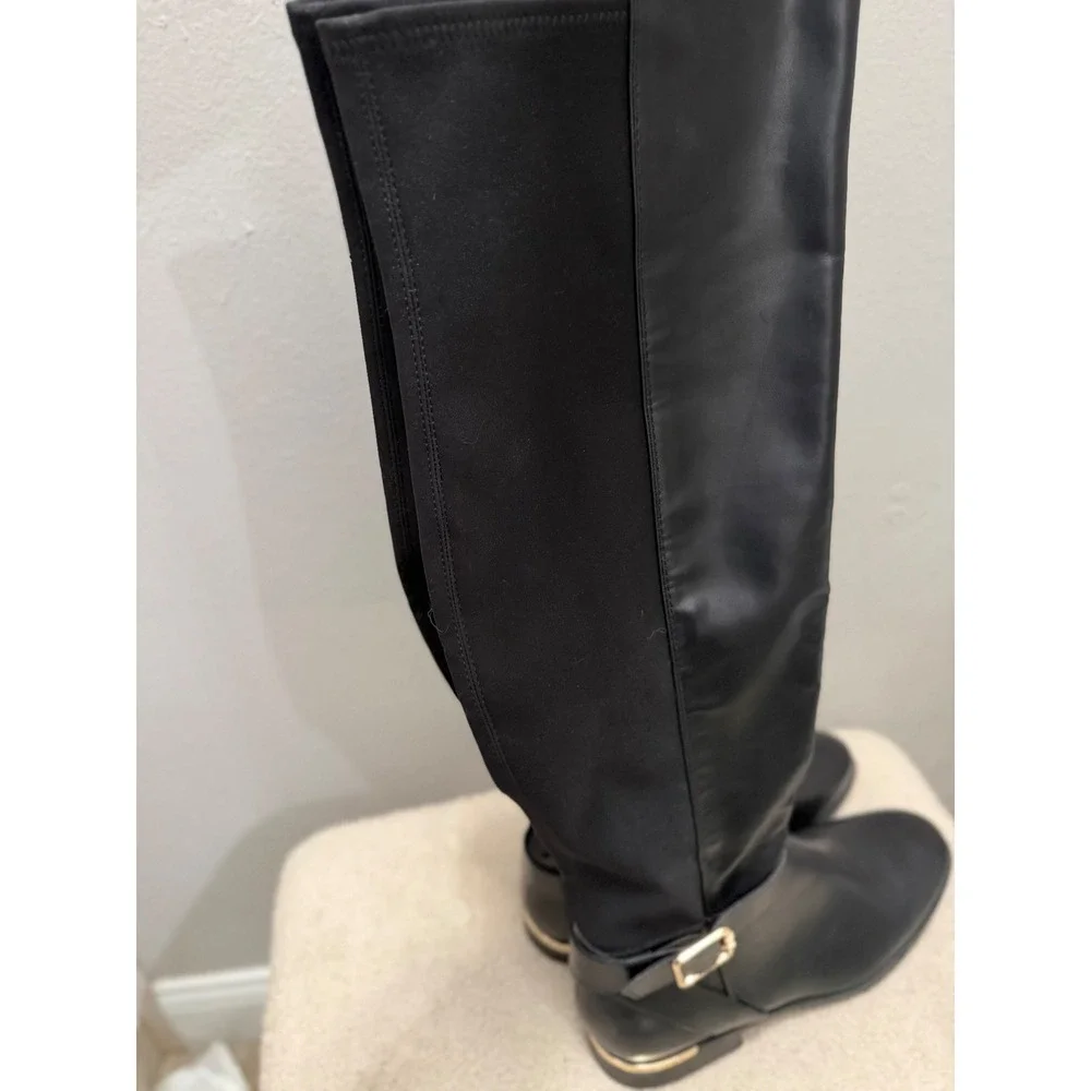 Nine Andone West Black Over The Knee Boots Gold Buckle Stretch Minimalist 9.5